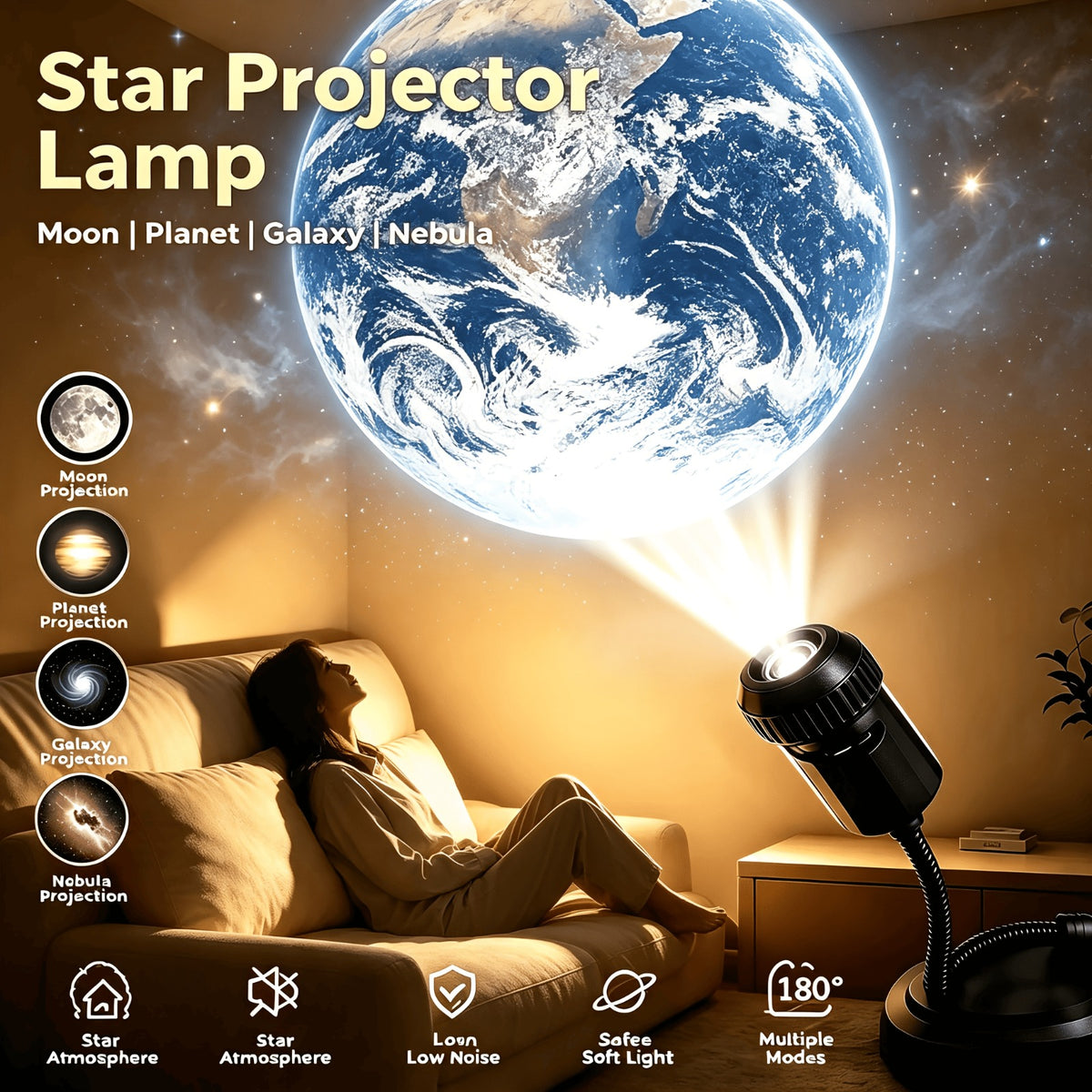 USB Planet Projector Lamp – Moon, Earth & Starry Sky Night Light | 6 Lenses